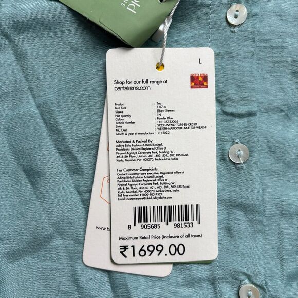 Marigold Lane Solid Round Neck Top Linen Blend Women's L Blue Casual India NWT - Picture 5 of 9